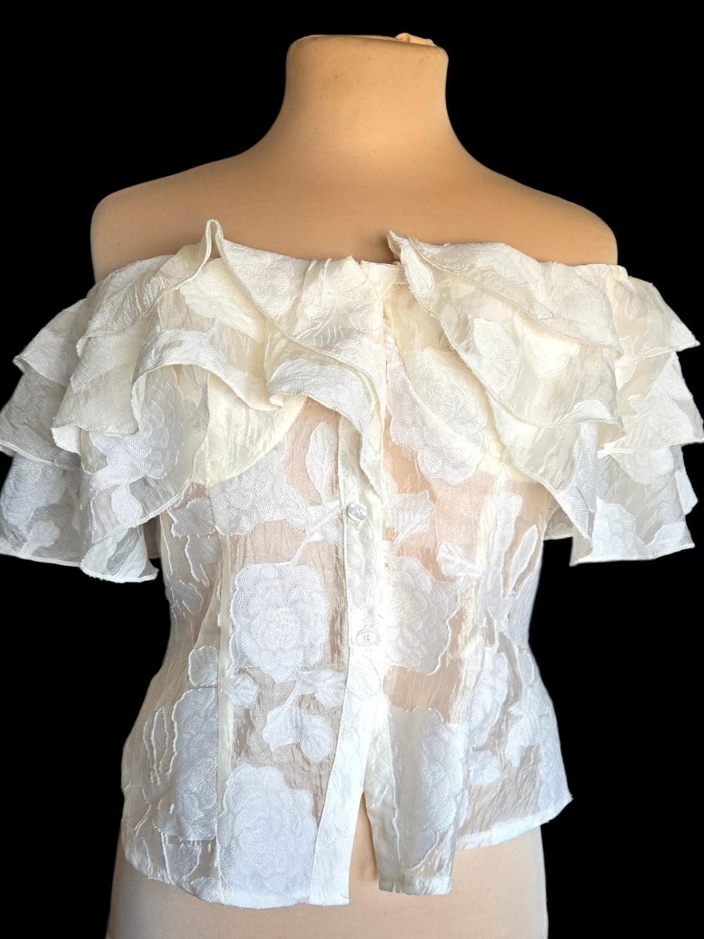 Sheer Off-Shoulder Ruffle Lace Blouse - Cream Sz L